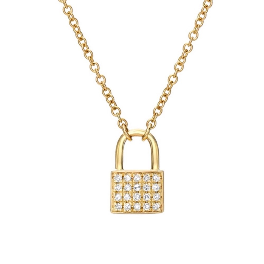 14K Gold Plated Pave CZ Gem Lock Pendant Charm Necklace